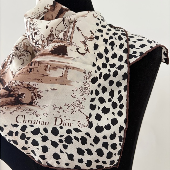 Dior Accessories - Christian Dior Elegant Silk Scarf – Cream with Black Leopard & Brown Detailing